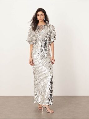 🆕 ARRANGE Sequin Fringe Shoulder Midi Dress in Silver | ASOS | US 6 | $600